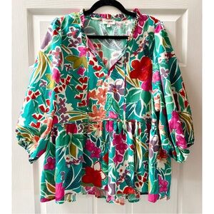 Umgee Abstract Floral Blouse, Colorful, 70s-Inspired, Boho Chic, 3/4 Sleeve, L